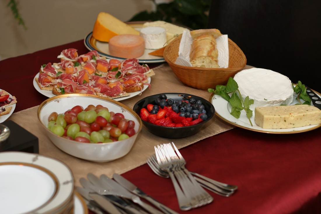 A table set with serving dishes